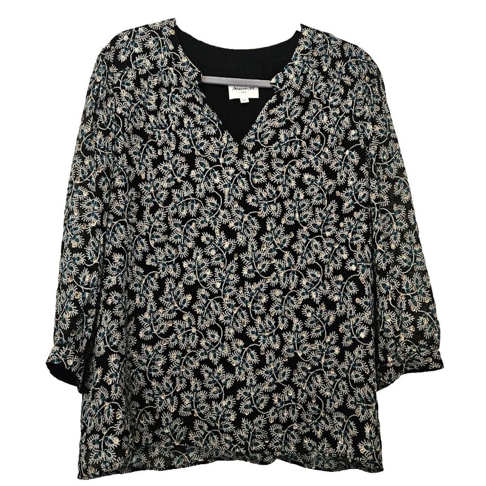Maison 123 Paris Black Teal & Silver V-neck Mandarin Collar Top 44 F US 12